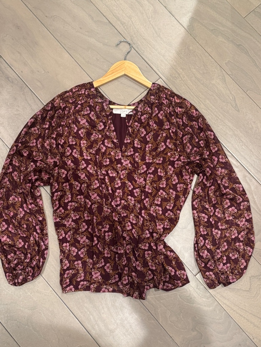 LOFT Burgundy and Pink Floral Peplum Blouse